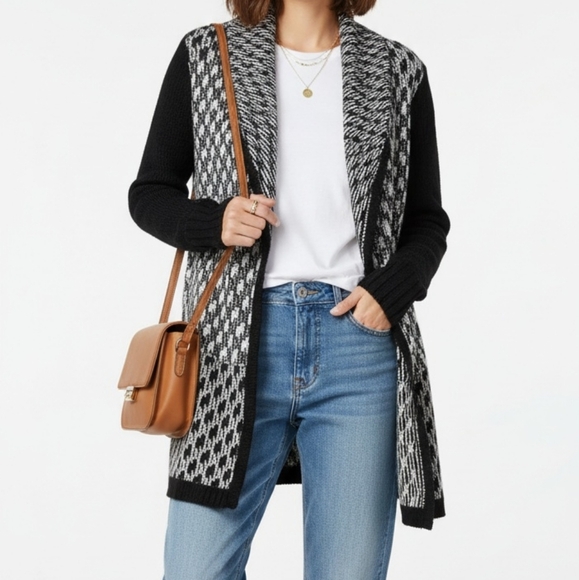 Ruby Moon Black White Long Sleeve Wool Blend Cardigan Sweater Size Small - Picture 1 of 11